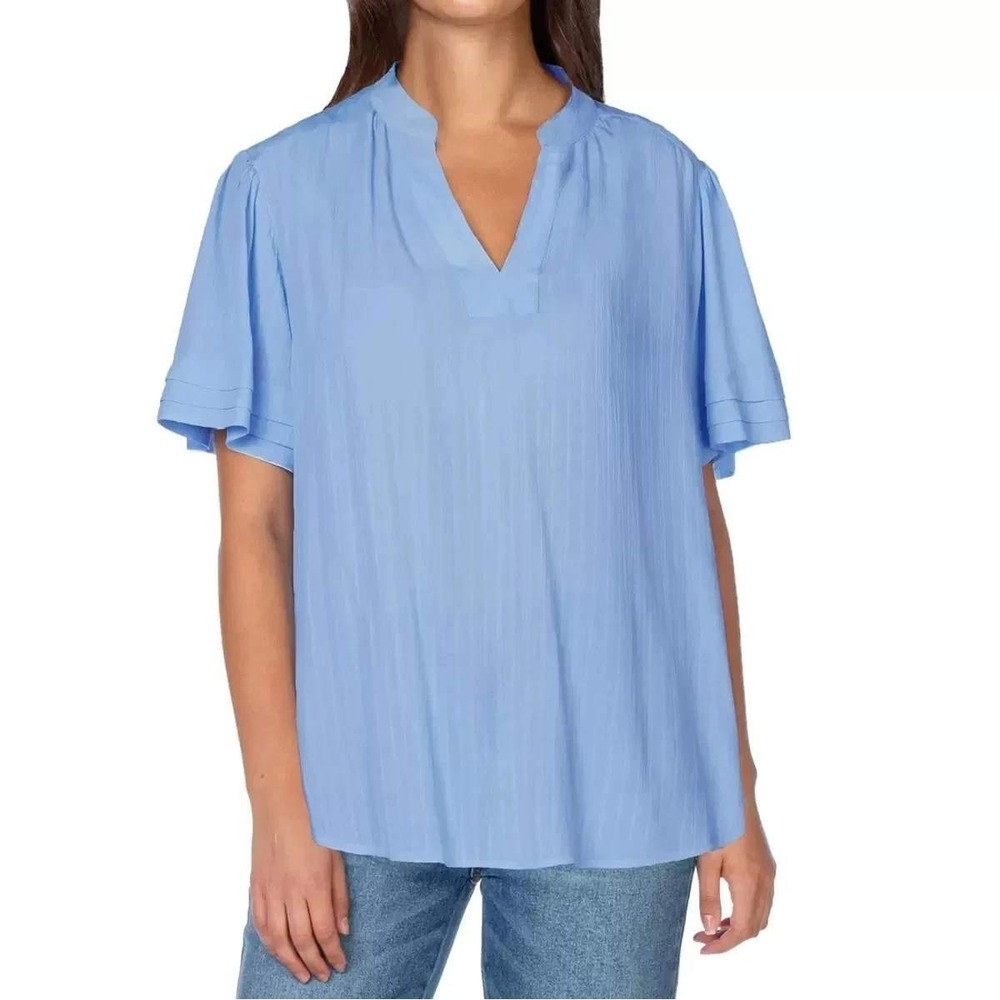 WELL WORN Short Sleeve Popover Blouse Sz M Blue Relaxed Fit Woven Top‎ Shirt NWT
